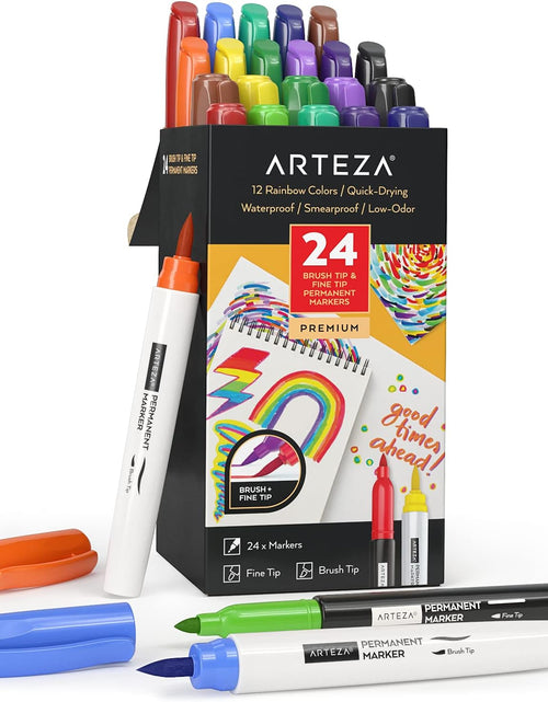 Load image into Gallery viewer, Colored Permanent Markers, Set of 24, Fine &amp; Brush Tip Pens
