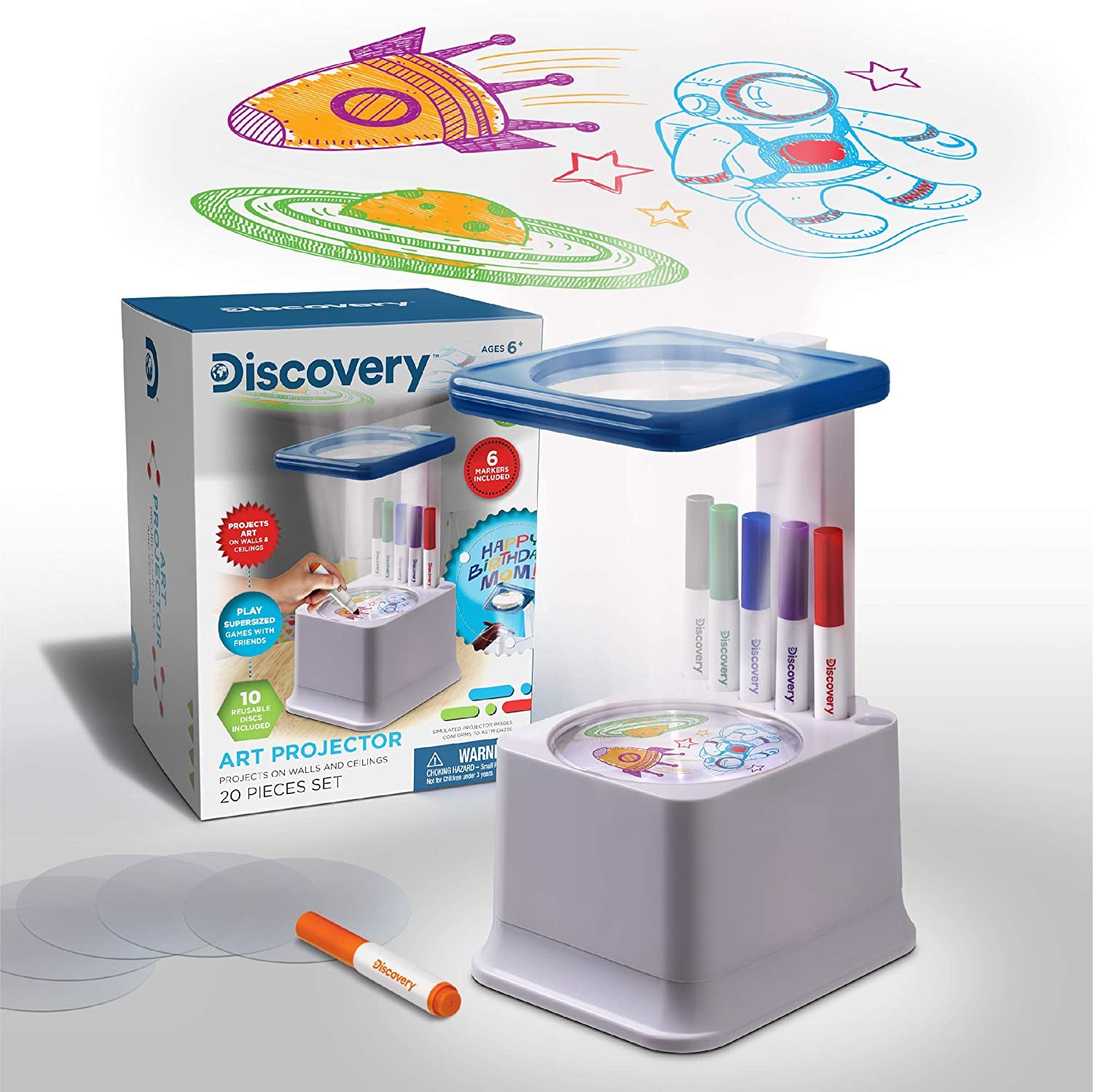 Art Projector with Six Dry Erase Markers and 10 Reusable Drawing Discs, Draw on Reusable Transparent Sheets, Magnify and Project Art onto Ceilings, Walls, and More