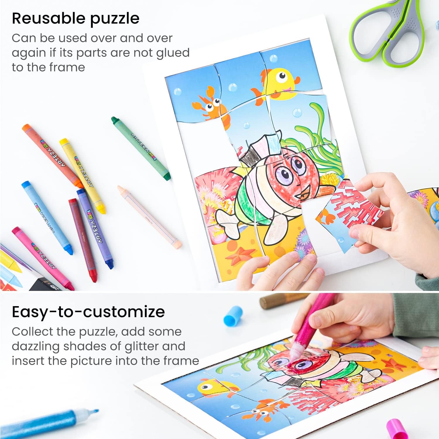 Coloring Puzzle Kit, 5 Sea Life Puzzles, 16 Crayons, 6 Tubes of Glitter Glue, 5 Frames, DIY and Screen-Free Kids’ Activities, Craft and Art Supplies for Ages 3 and Up