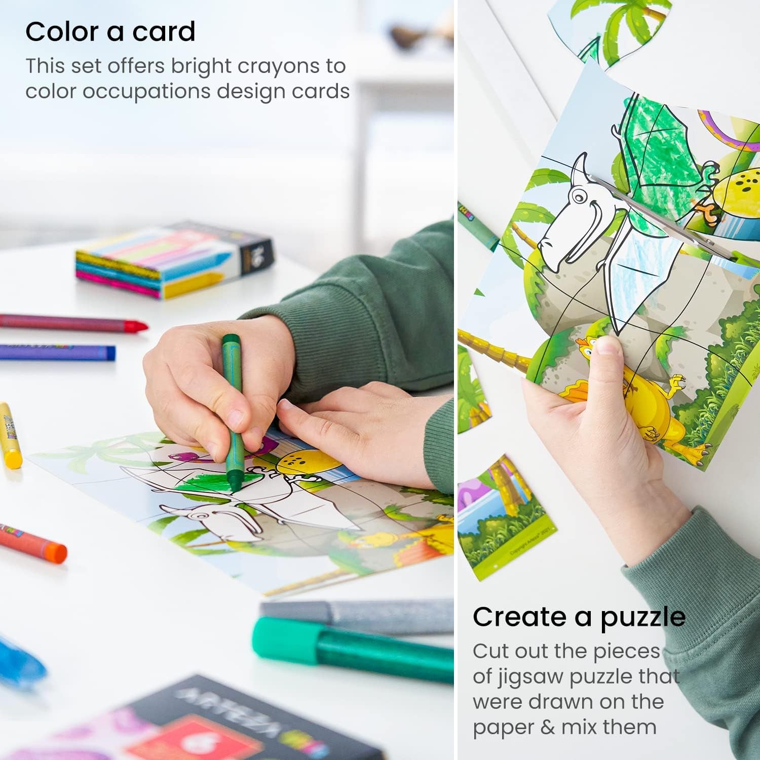 Coloring Puzzle Kit, 5 Dinosaur Puzzles, 16 Crayons, 6 Tubes of Glitter Glue, 5 Frames, DIY and Screen-Free Kids’ Activities, Craft and Art Supplies for Ages 3 and Up