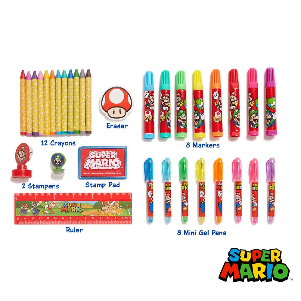 Super Mario Kids Art Kit with Carrying Tin Gel Pens Markers Stickers 500