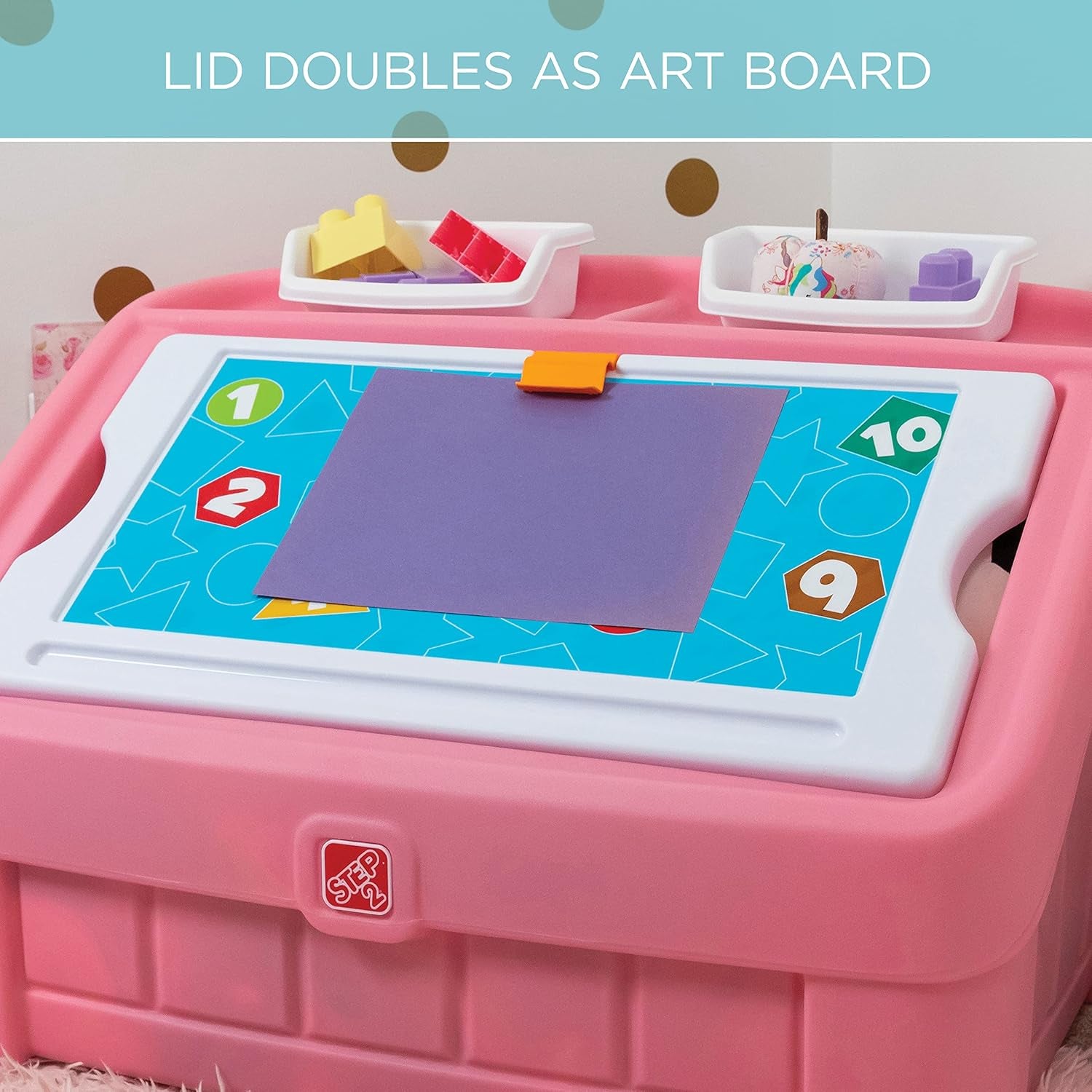 2-In-1 Toy Box & Art Lid, Kids Toy Storage Bin & Organizer, Easel & Chest in One, Made of Durable Plastic, for Toddlers 2+ Years Old, Pink