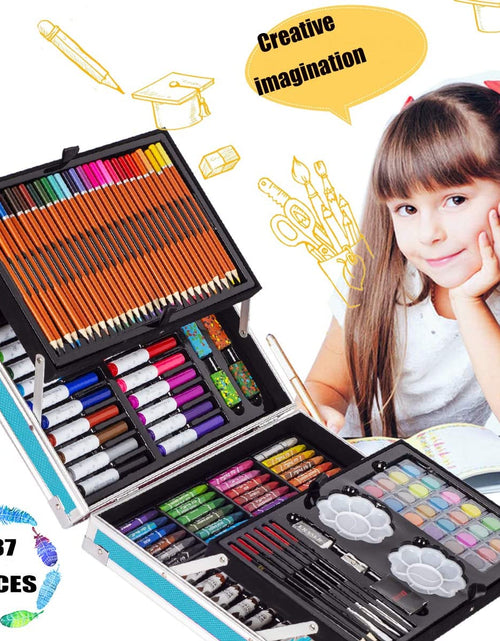 Load image into Gallery viewer, Deluxe Art Supplies Kit for Kids, Boys, Girls, Teens, Ages 5-12, with Sketch Pad, Watercolors, Crayons, Pencils, Markers, Oil Pastels, Palettes, Brushes, Erasers - Blue
