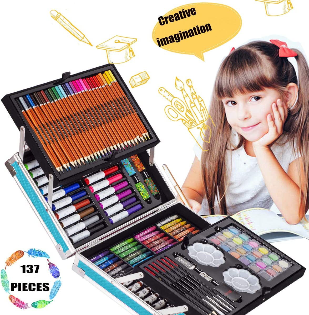 Deluxe Art Supplies Kit for Kids, Boys, Girls, Teens, Ages 5-12, with Sketch Pad, Watercolors, Crayons, Pencils, Markers, Oil Pastels, Palettes, Brushes, Erasers - Blue