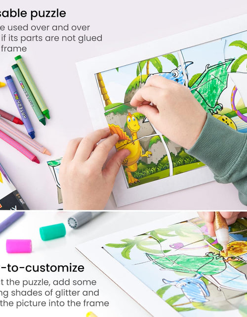 Load image into Gallery viewer, Coloring Puzzle Kit, 5 Dinosaur Puzzles, 16 Crayons, 6 Tubes of Glitter Glue, 5 Frames, DIY and Screen-Free Kids’ Activities, Craft and Art Supplies for Ages 3 and Up
