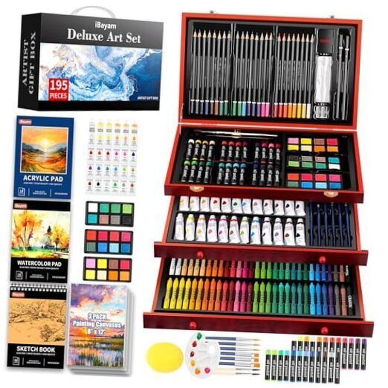 Deluxe Art Set, 195-Pack Artist Gift Box, Arts and Crafts Reddish Brown