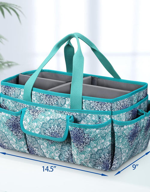 Load image into Gallery viewer, Large Craft Storage Tote Bag with Multiple Pockets, Scrapbooking Carrying Case Storage Caddy with Handle for Sewing, Art, Desktop, Baby Care Supplies (Emerald Illusions)
