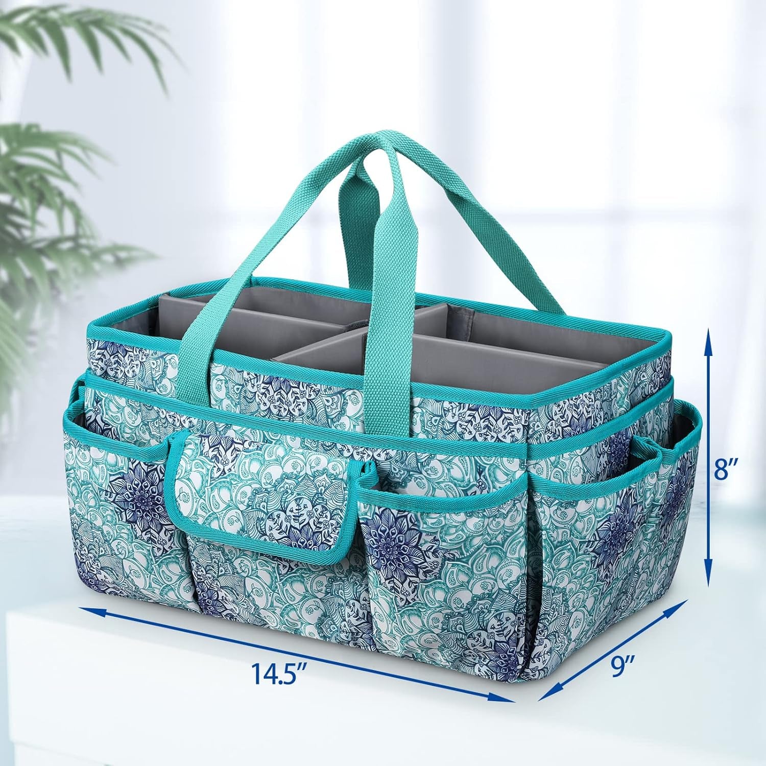 Large Craft Storage Tote Bag with Multiple Pockets, Scrapbooking Carrying Case Storage Caddy with Handle for Sewing, Art, Desktop, Baby Care Supplies (Emerald Illusions)