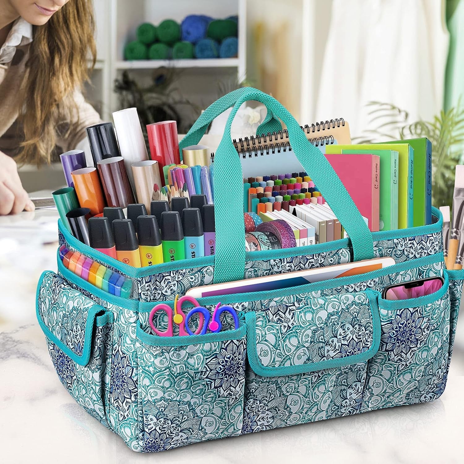 Large Craft Storage Tote Bag with Multiple Pockets, Scrapbooking Carrying Case Storage Caddy with Handle for Sewing, Art, Desktop, Baby Care Supplies (Emerald Illusions)