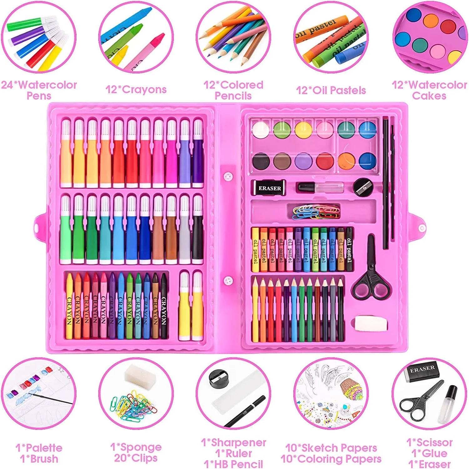 Art Kit,  121 Piece Drawing Painting Art Supplies for Kids Girls Boys Teens, Gifts Art Set Case Includes Oil Pastels, Crayons, Colored Pencils, Watercolor Cakes (Pink)