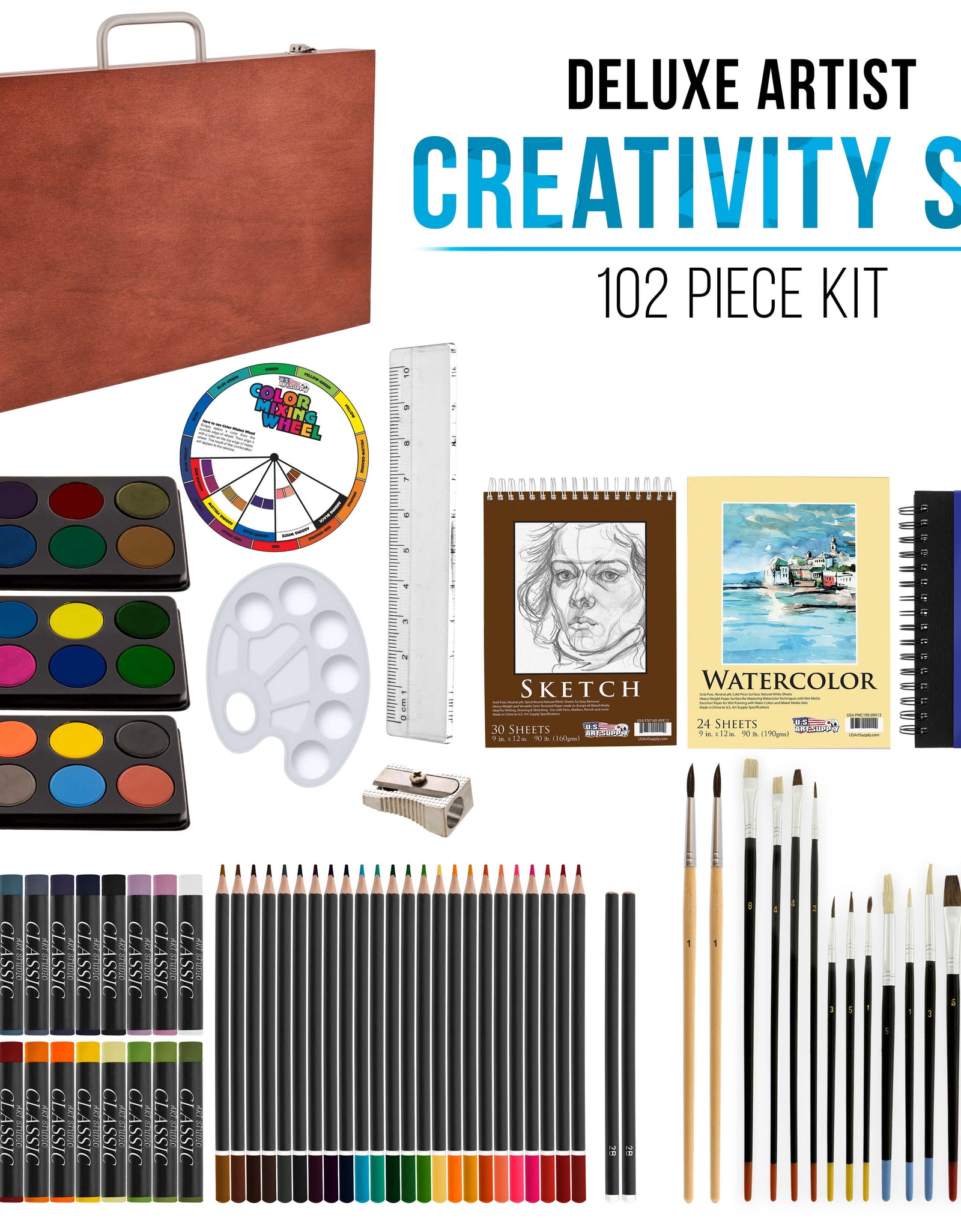 102-Piece Deluxe Art Creativity Set with Wooden Case - Artist Painting, Sketching and Drawing Set, 24 Watercolor Paint Colors, 17 Brushes, 24 Colored Pencils, Sketch & Painting Pads