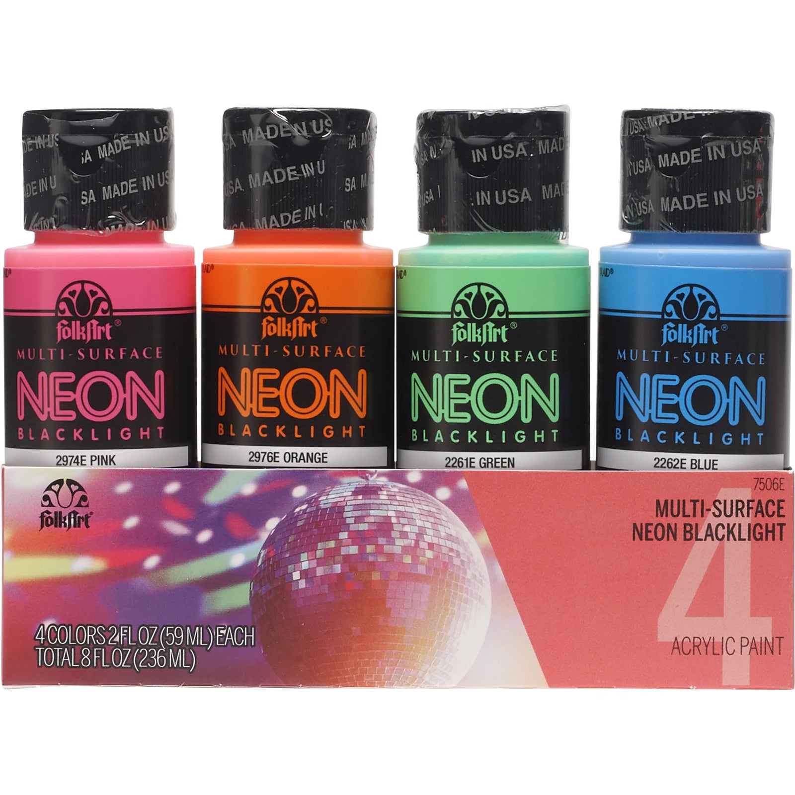 Neon Blacklight Multi-Surface Acrylic Craft Paint Set, Satin Finish, 8 Fl Oz, 4 Piece