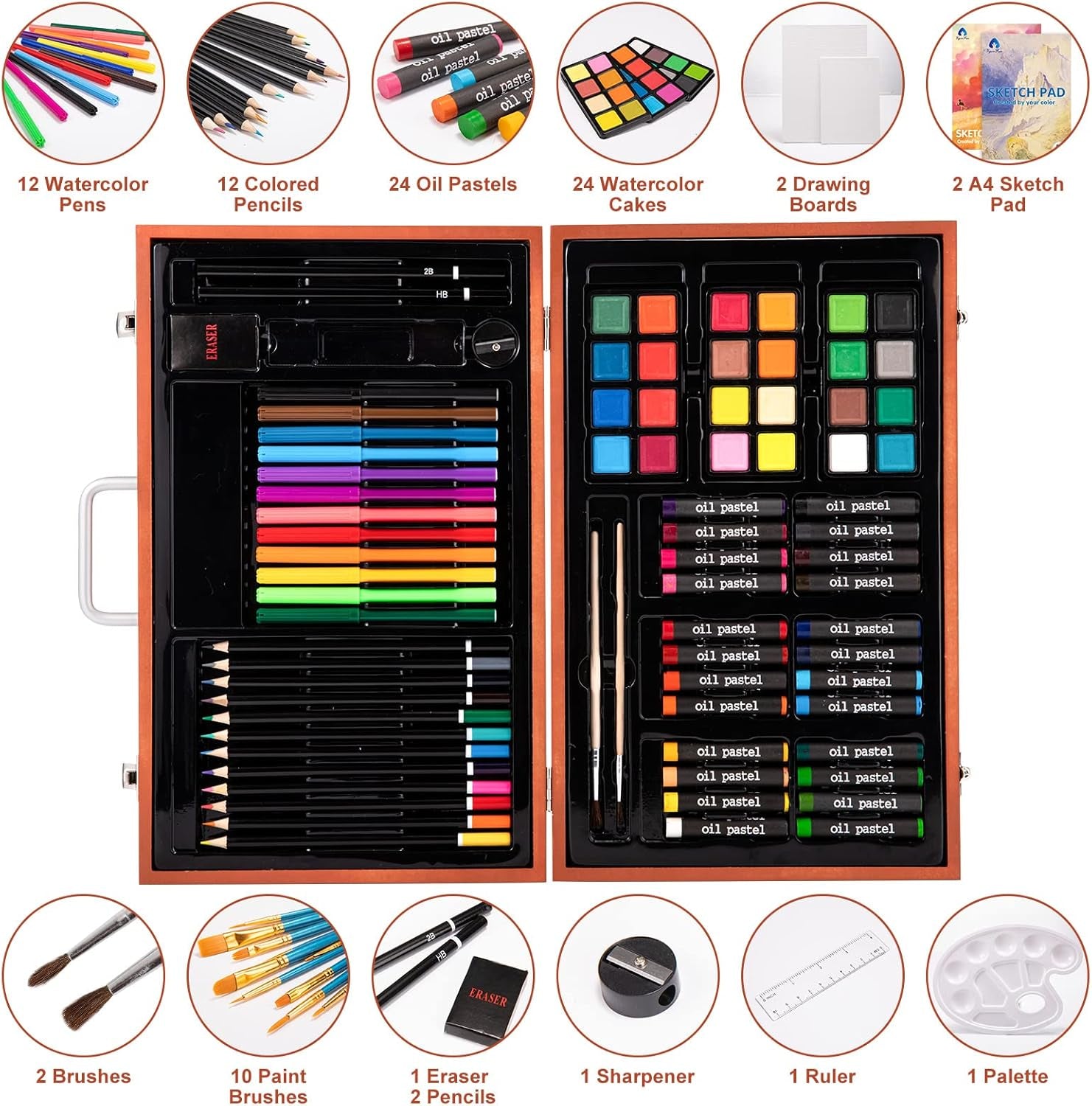 Art Supplies, 94 Pieces Wooden Art Set Crafts Drawing Painting Kit, Portable Art Case Art Kit Includes Oil Pastels, Watercolor Pens, Creative Gift for Kids, Adults, Teens Girls Boys (Dark Brown)