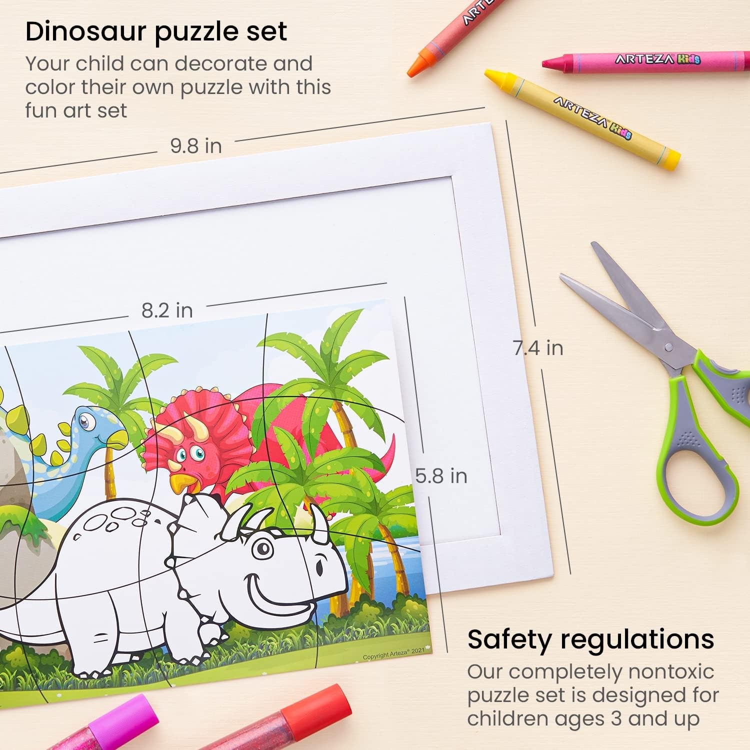 Coloring Puzzle Kit, 5 Dinosaur Puzzles, 16 Crayons, 6 Tubes of Glitter Glue, 5 Frames, DIY and Screen-Free Kids’ Activities, Craft and Art Supplies for Ages 3 and Up