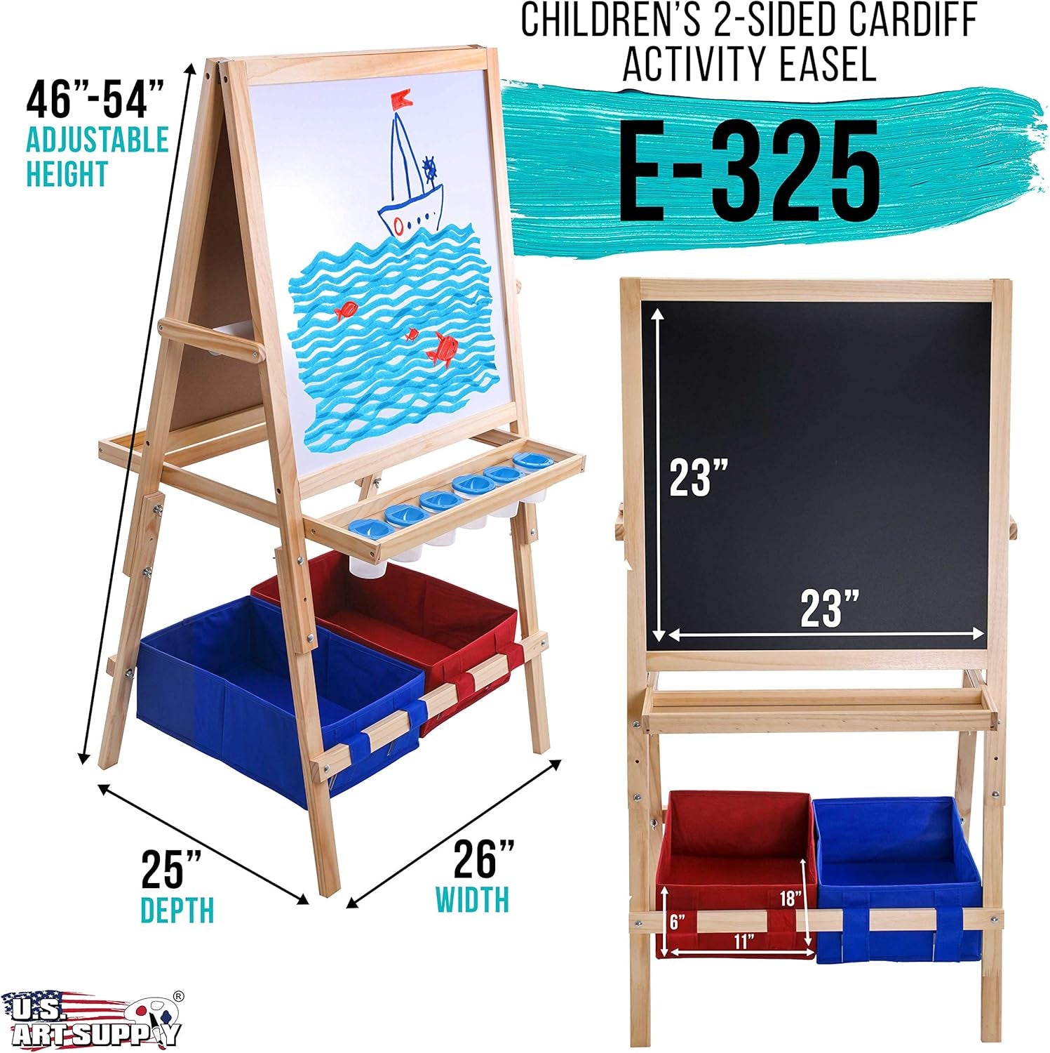 Cardiff Children'S Art Activity Easel with Easel Paper Roll, 2 Large Storage Bins and Now 6 No-Spill Child'S Paint Cups and Lids