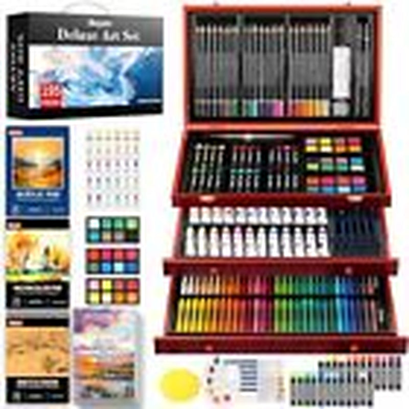 Deluxe Art Set, 195-Pack Artist Gift Box, Arts and Crafts Reddish Brown