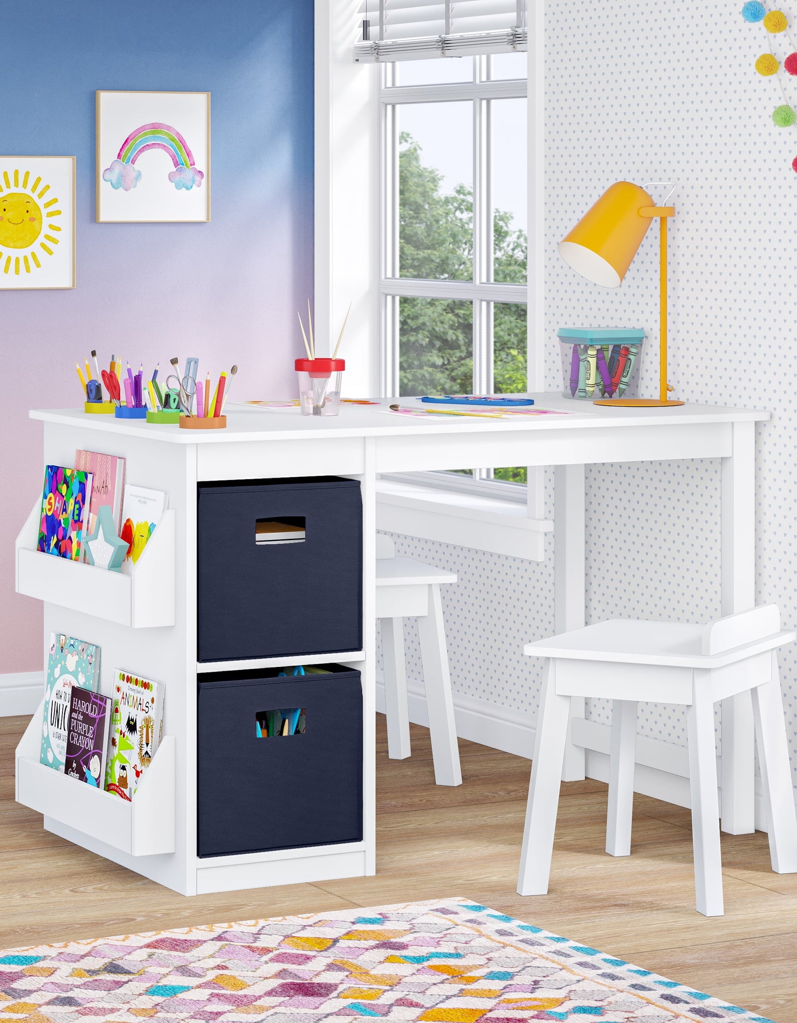 Kids Playroom Art Activity Table with 2 Cubbies and 2 Bookracks - White