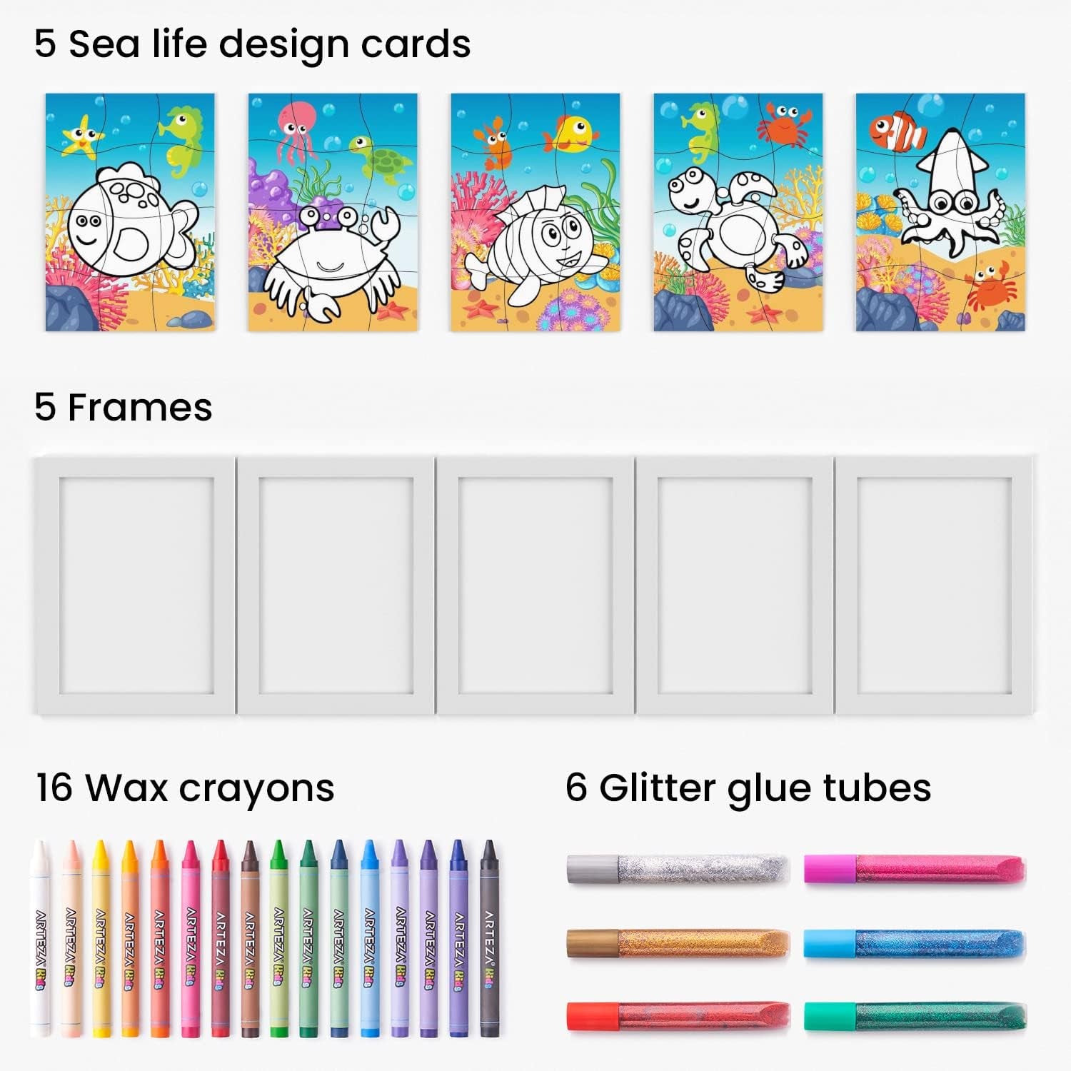 Coloring Puzzle Kit, 5 Sea Life Puzzles, 16 Crayons, 6 Tubes of Glitter Glue, 5 Frames, DIY and Screen-Free Kids’ Activities, Craft and Art Supplies for Ages 3 and Up