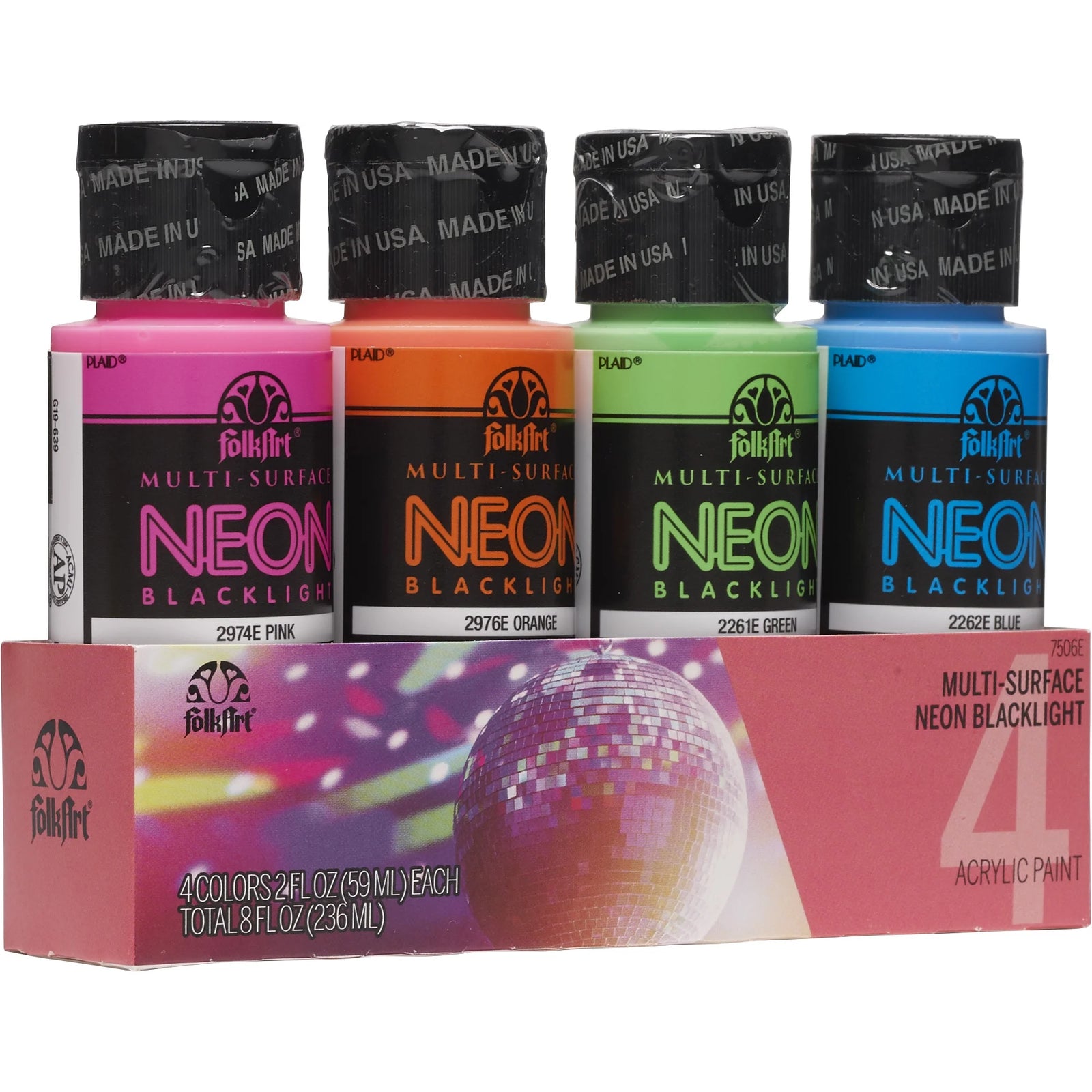 Neon Blacklight Multi-Surface Acrylic Craft Paint Set, Satin Finish, 8 Fl Oz, 4 Piece