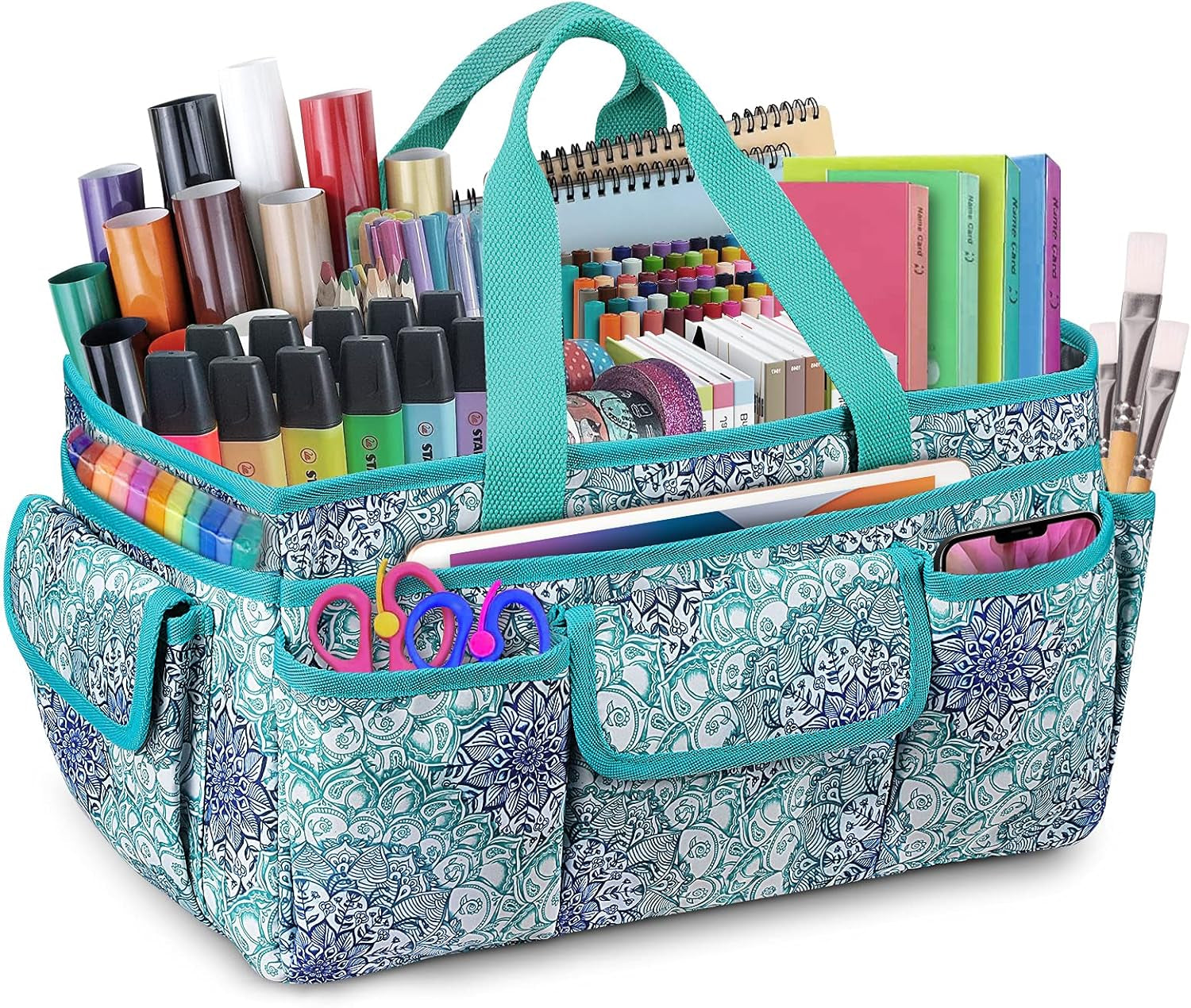 Large Craft Storage Tote Bag with Multiple Pockets, Scrapbooking Carrying Case Storage Caddy with Handle for Sewing, Art, Desktop, Baby Care Supplies (Emerald Illusions)