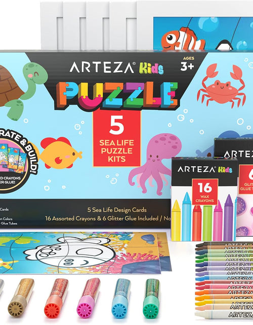 Load image into Gallery viewer, Coloring Puzzle Kit, 5 Sea Life Puzzles, 16 Crayons, 6 Tubes of Glitter Glue, 5 Frames, DIY and Screen-Free Kids’ Activities, Craft and Art Supplies for Ages 3 and Up
