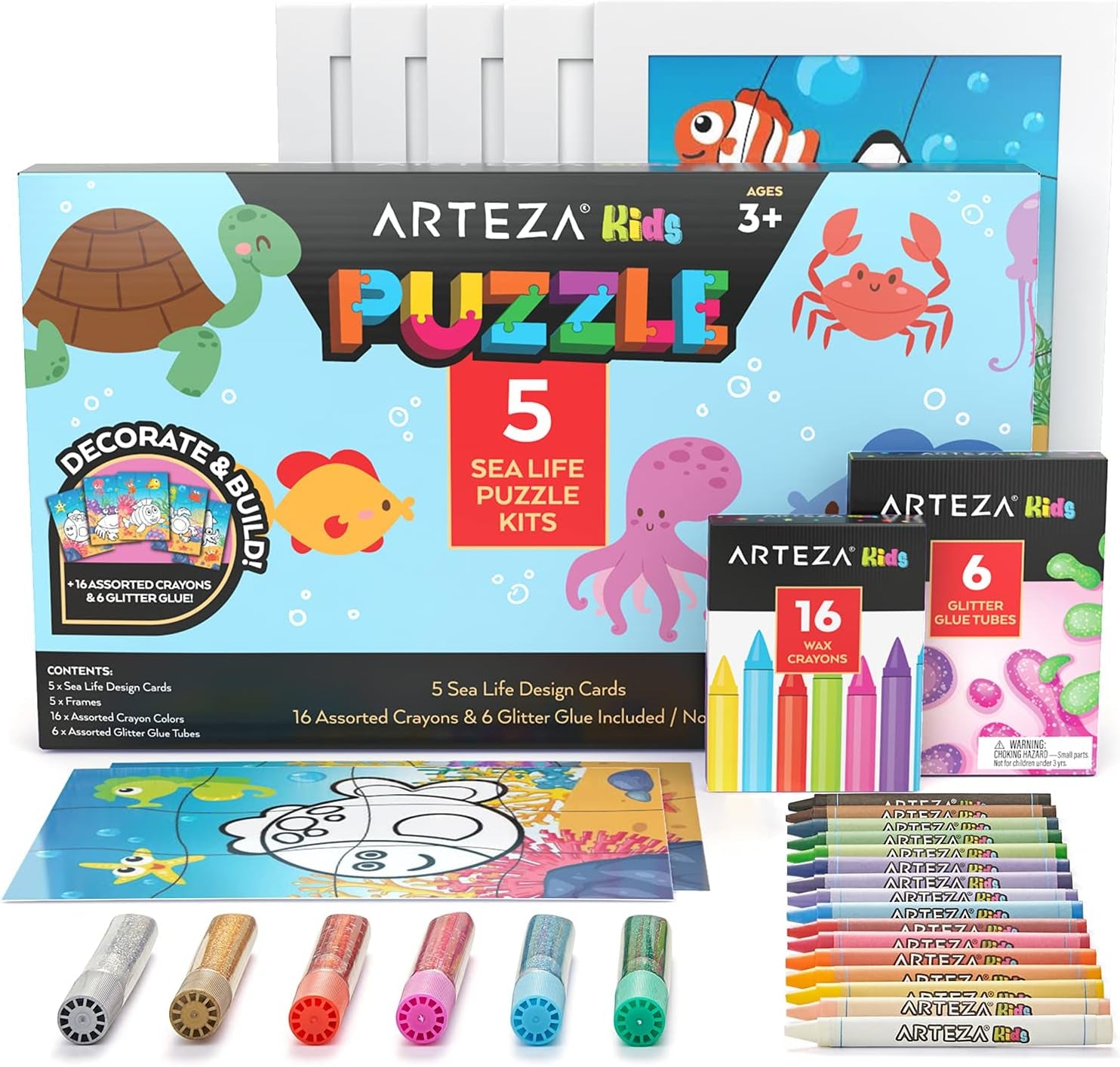 Coloring Puzzle Kit, 5 Sea Life Puzzles, 16 Crayons, 6 Tubes of Glitter Glue, 5 Frames, DIY and Screen-Free Kids’ Activities, Craft and Art Supplies for Ages 3 and Up