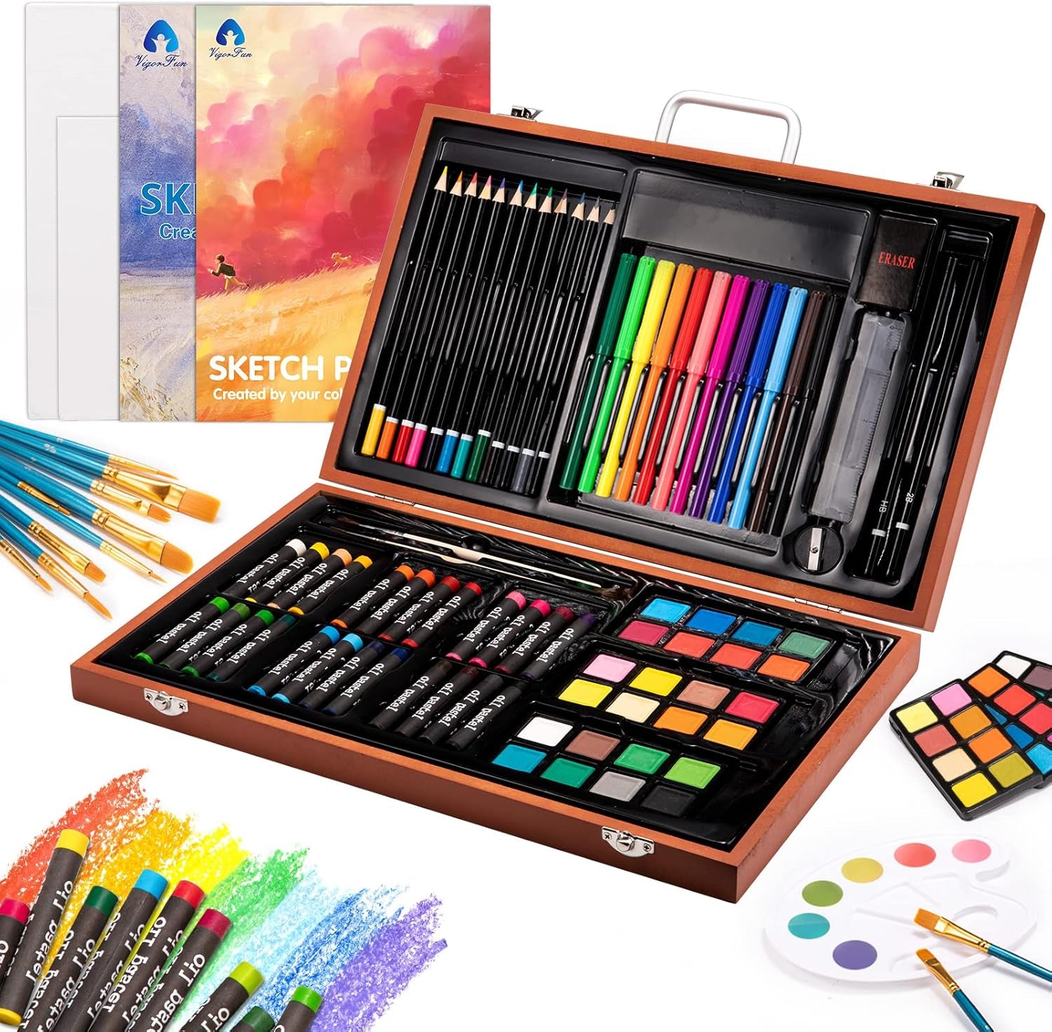 Art Supplies, 94 Pieces Wooden Art Set Crafts Drawing Painting Kit, Portable Art Case Art Kit Includes Oil Pastels, Watercolor Pens, Creative Gift for Kids, Adults, Teens Girls Boys (Dark Brown)