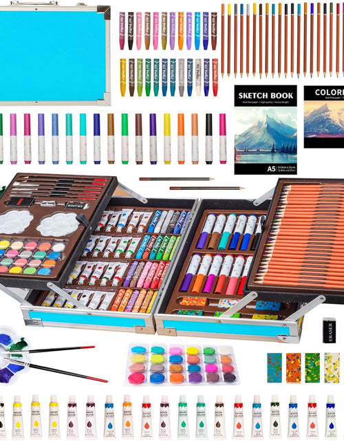 Load image into Gallery viewer, Deluxe Art Supplies Kit for Kids, Boys, Girls, Teens, Ages 5-12, with Sketch Pad, Watercolors, Crayons, Pencils, Markers, Oil Pastels, Palettes, Brushes, Erasers - Blue
