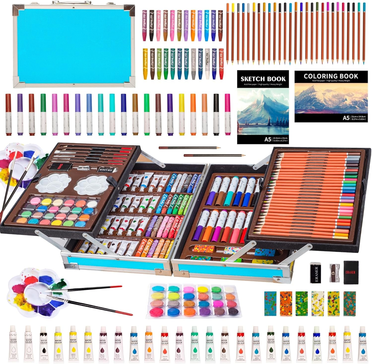 Deluxe Art Supplies Kit for Kids, Boys, Girls, Teens, Ages 5-12, with Sketch Pad, Watercolors, Crayons, Pencils, Markers, Oil Pastels, Palettes, Brushes, Erasers - Blue