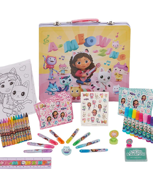 Load image into Gallery viewer, Gabbys Dollhouse Girls Art Kit with Carrying Tin Gel Pens Markers Stickers 200 Pc
