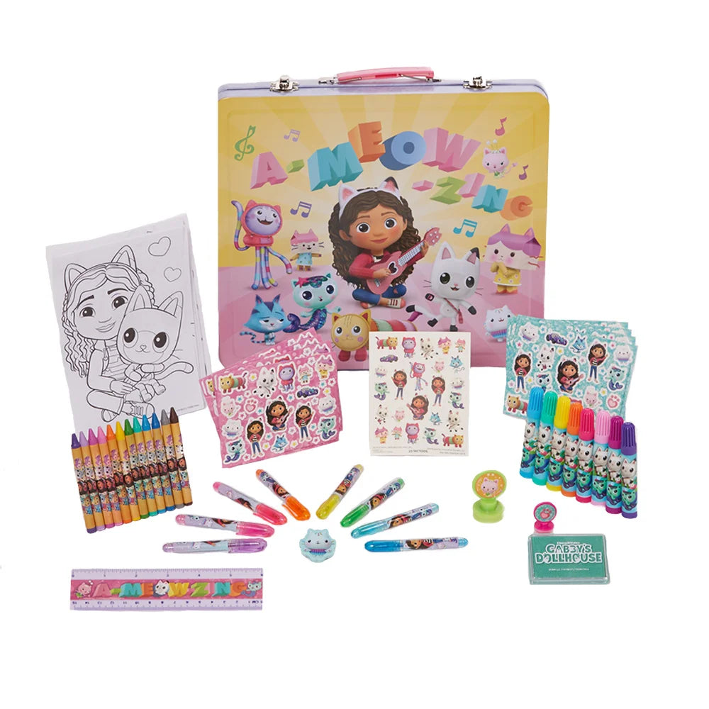 Gabbys Dollhouse Girls Art Kit with Carrying Tin Gel Pens Markers Stickers 200 Pc