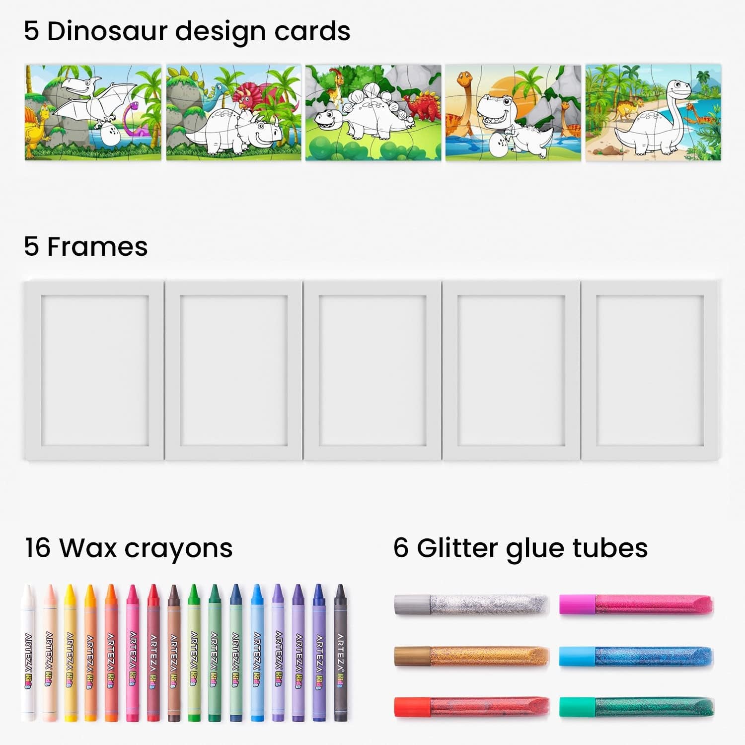 Coloring Puzzle Kit, 5 Dinosaur Puzzles, 16 Crayons, 6 Tubes of Glitter Glue, 5 Frames, DIY and Screen-Free Kids’ Activities, Craft and Art Supplies for Ages 3 and Up