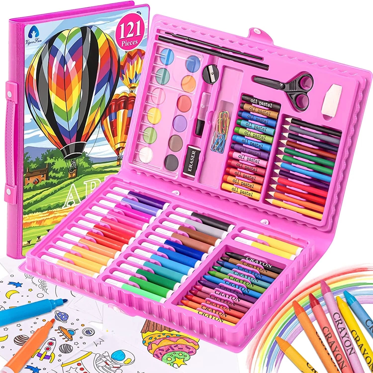 Art Kit,  121 Piece Drawing Painting Art Supplies for Kids Girls Boys Teens, Gifts Art Set Case Includes Oil Pastels, Crayons, Colored Pencils, Watercolor Cakes (Pink)