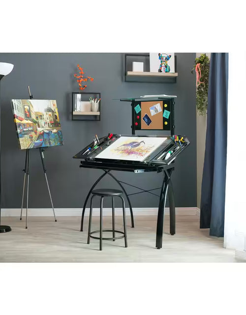 Load image into Gallery viewer, Futura Collection: 32.5 In. W Metal and Glass Craft Tower with Art Storage, Shelf and Magnetic/Cork Board, Black
