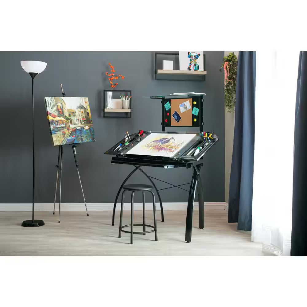 Futura Collection: 32.5 In. W Metal and Glass Craft Tower with Art Storage, Shelf and Magnetic/Cork Board, Black