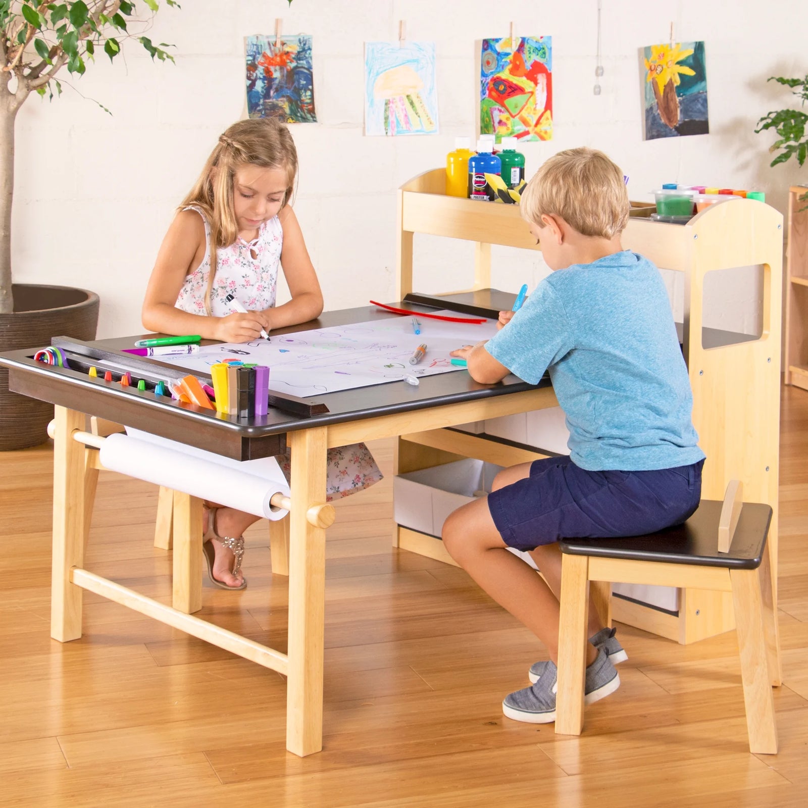 Deluxe Art Center: Kids' Wooden Activity Crafting Table and Chair Set, Arts and Craft Desk Storage with Paper Roll and Bins