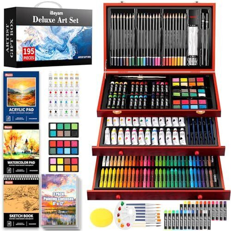 Deluxe Art Set, 195-Pack Artist Gift Box, Arts and Crafts Reddish Brown