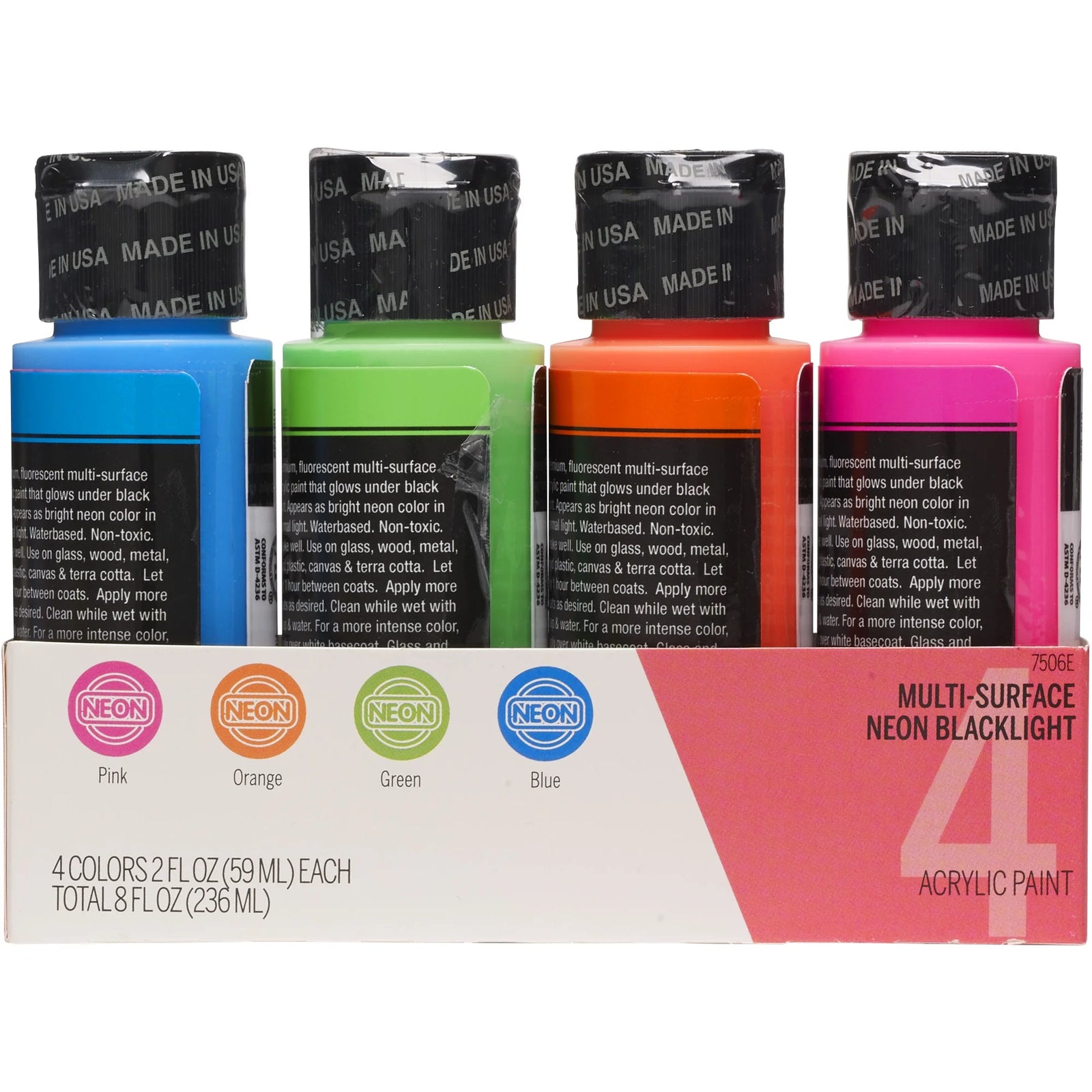 Neon Blacklight Multi-Surface Acrylic Craft Paint Set, Satin Finish, 8 Fl Oz, 4 Piece