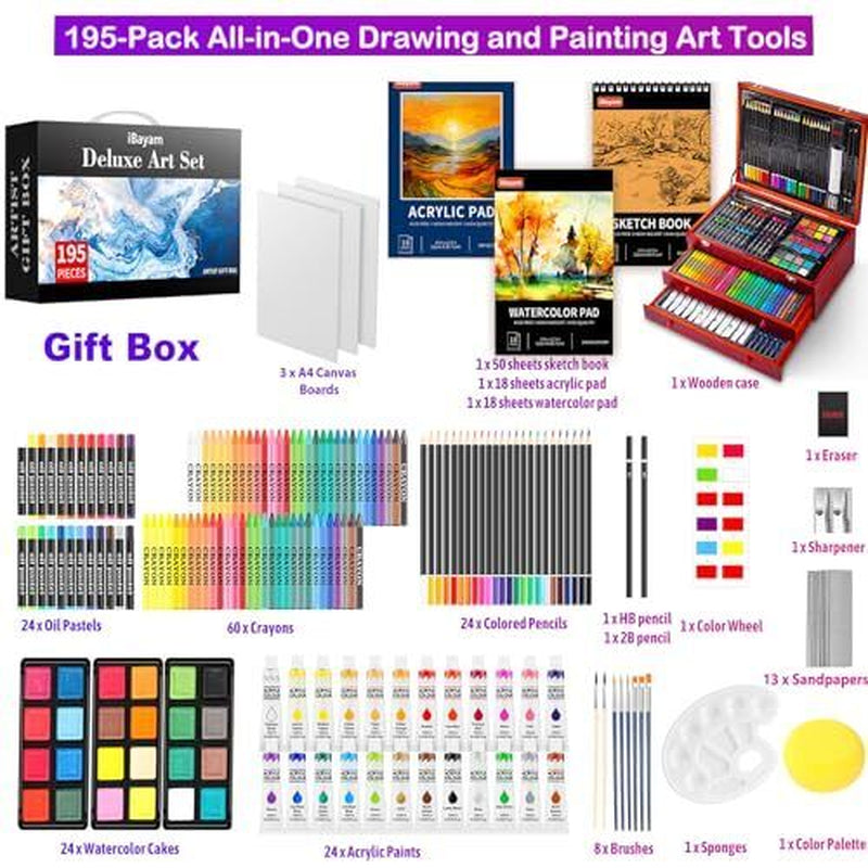 Deluxe Art Set, 195-Pack Artist Gift Box, Arts and Crafts Reddish Brown