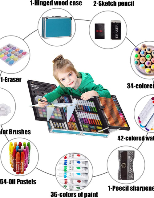 Load image into Gallery viewer, Deluxe Art Supplies Kit for Kids, Boys, Girls, Teens, Ages 5-12, with Sketch Pad, Watercolors, Crayons, Pencils, Markers, Oil Pastels, Palettes, Brushes, Erasers - Blue
