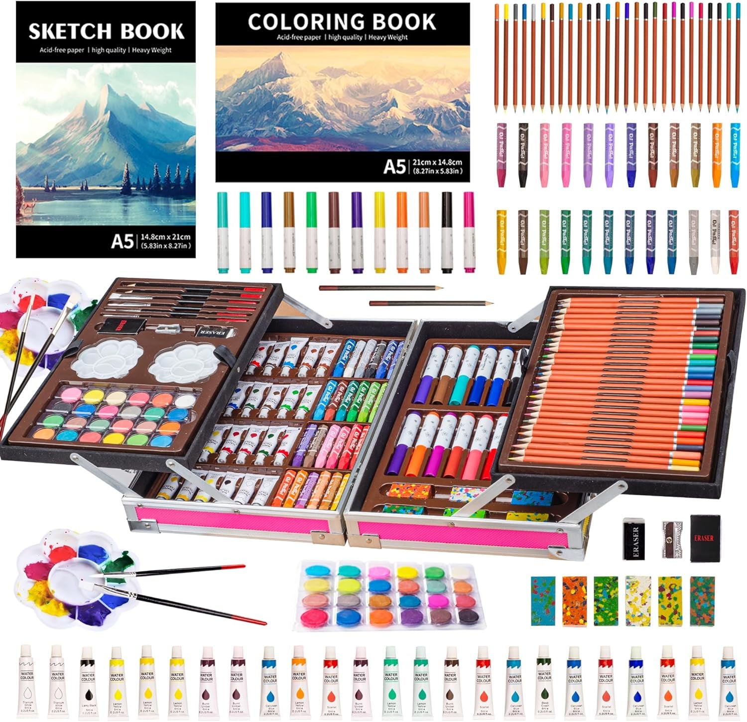 Art Supplies, 139 Pack Painting Drawing Art Kit with 2 Sketch Pads, Deluxe Double Layers Art Set Crafts, Colored Pencils, Oil Pastels, Watercolor Paints, Gift for Artists Kids (Pink)