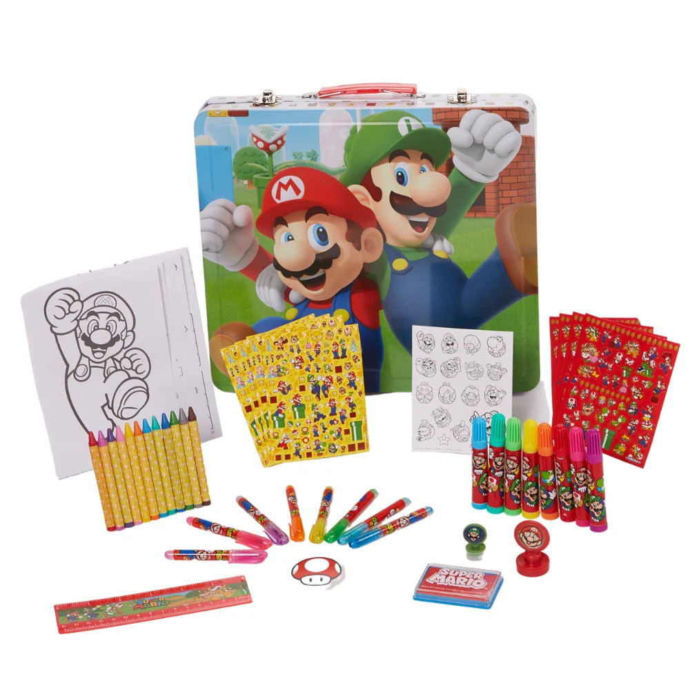 Super Mario Kids Art Kit with Carrying Tin Gel Pens Markers Stickers 500