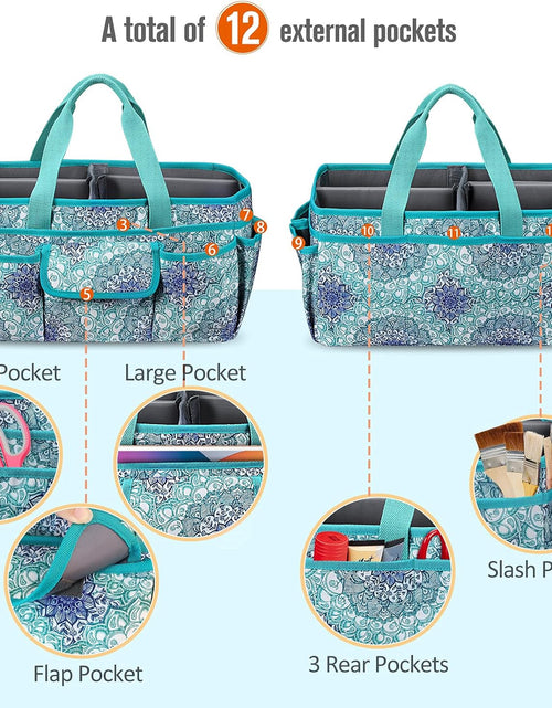 Load image into Gallery viewer, Large Craft Storage Tote Bag with Multiple Pockets, Scrapbooking Carrying Case Storage Caddy with Handle for Sewing, Art, Desktop, Baby Care Supplies (Emerald Illusions)
