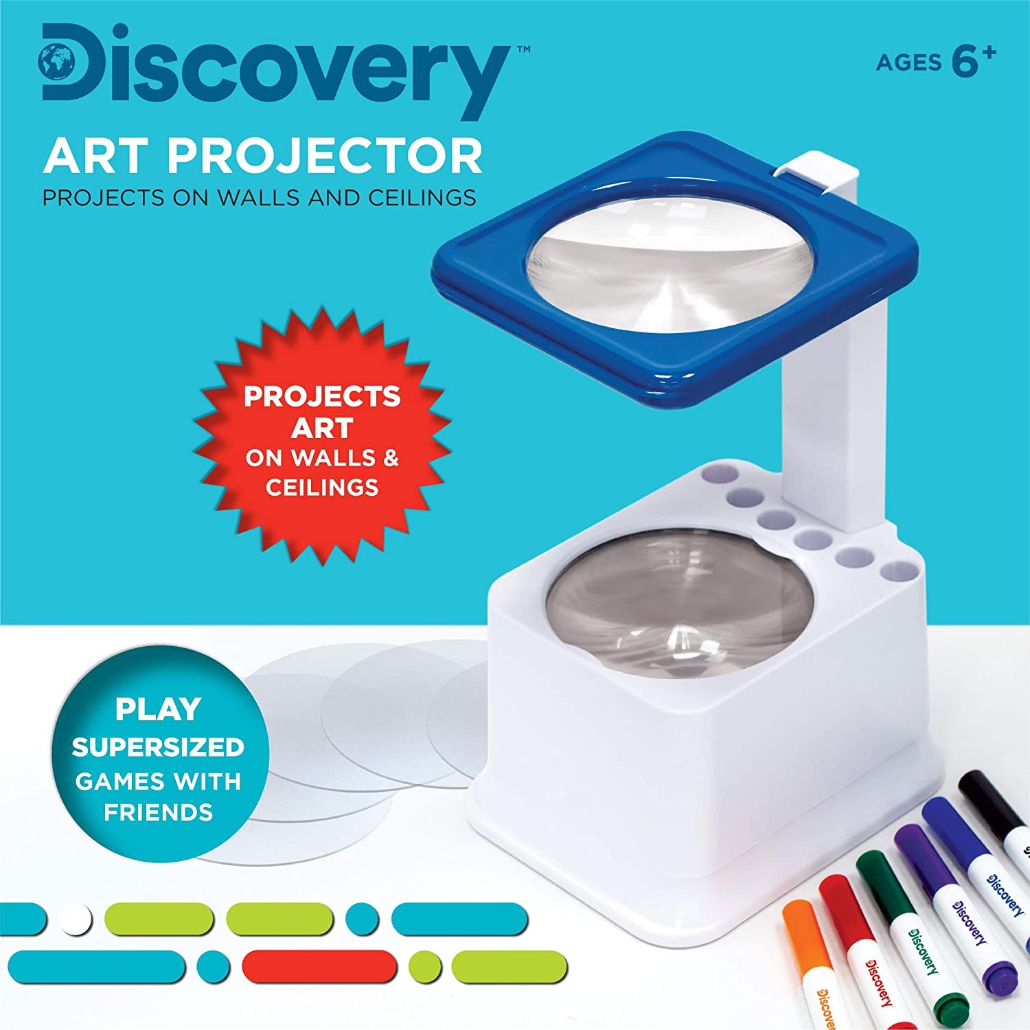 Art Projector with Six Dry Erase Markers and 10 Reusable Drawing Discs, Draw on Reusable Transparent Sheets, Magnify and Project Art onto Ceilings, Walls, and More