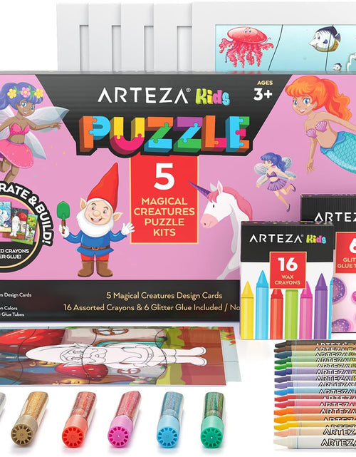 Load image into Gallery viewer, Coloring Puzzle Kit, 16 Crayons, 5 Magical Creatures Puzzles, 6 Tubes of Glitter Glue, 5 Frames, Craft and Art Supplies for Toddlers, Birthday Gifts for Boys and Girls
