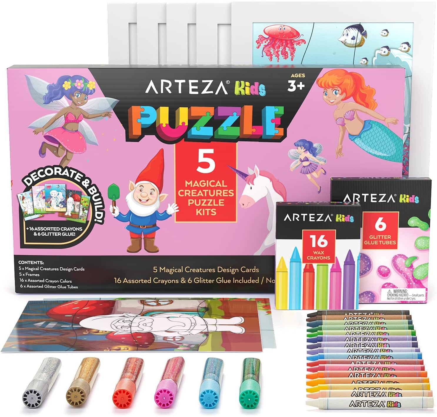 Coloring Puzzle Kit, 16 Crayons, 5 Magical Creatures Puzzles, 6 Tubes of Glitter Glue, 5 Frames, Craft and Art Supplies for Toddlers, Birthday Gifts for Boys and Girls