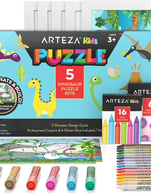 Load image into Gallery viewer, Coloring Puzzle Kit, 5 Dinosaur Puzzles, 16 Crayons, 6 Tubes of Glitter Glue, 5 Frames, DIY and Screen-Free Kids’ Activities, Craft and Art Supplies for Ages 3 and Up
