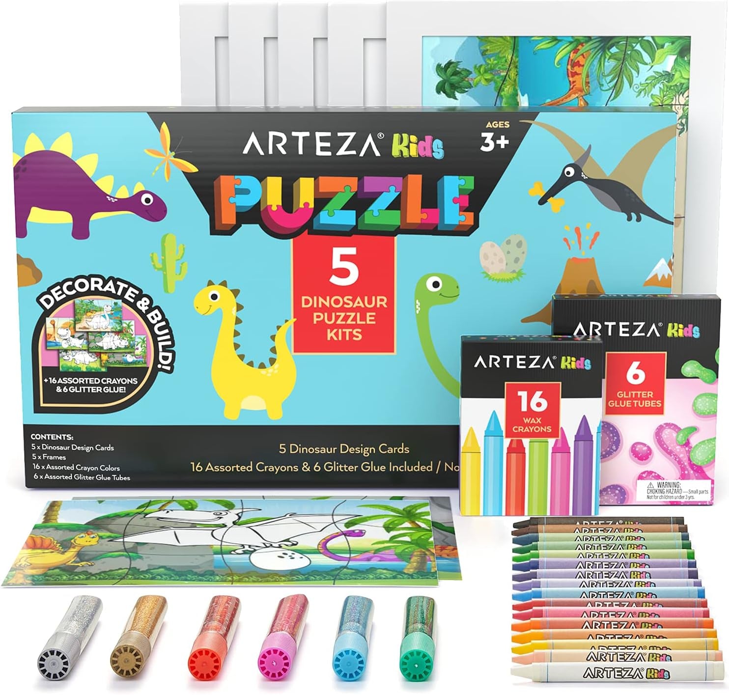 Coloring Puzzle Kit, 5 Dinosaur Puzzles, 16 Crayons, 6 Tubes of Glitter Glue, 5 Frames, DIY and Screen-Free Kids’ Activities, Craft and Art Supplies for Ages 3 and Up