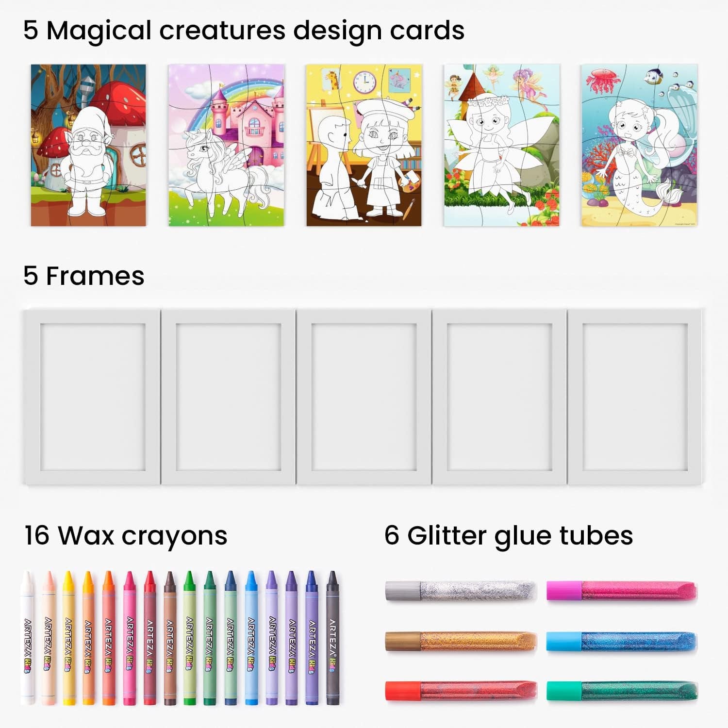 Coloring Puzzle Kit, 16 Crayons, 5 Magical Creatures Puzzles, 6 Tubes of Glitter Glue, 5 Frames, Craft and Art Supplies for Toddlers, Birthday Gifts for Boys and Girls